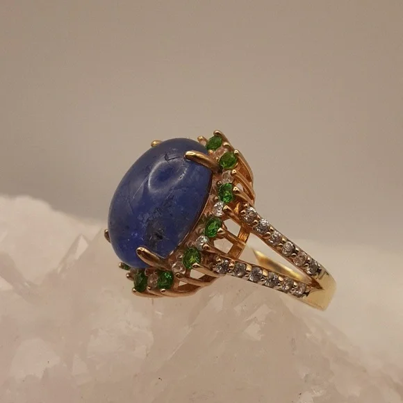 925 Genuine Tanzanite, Chrome Diopside And White Zircon. Yellow Gold Over 925.